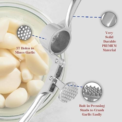 Courage Premium Stainless Steel Garlic Press Crusher | Heavy Duty Garlic Mincer & Ginger Crusher | Ergonomic Manual Garlic Presser | Rustproof Easy Clean Kitchen Tool for Garlic & Ginger.