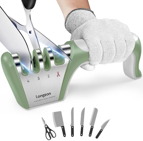 Longzon 5-in-1 Knife Sharpener 4 Stage with Cut-Resistant Glove, Gray+Green