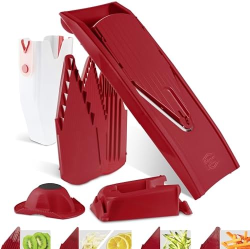 Mandoline Food Slicer Börner V1 (Profi Set) by Reston Lloyd • V-Slicer with 4 Inserts, Docking Station & Food Holder • Made in Germany • Fruit & Vegetable Chopper • Multiple Settings • Color: Red