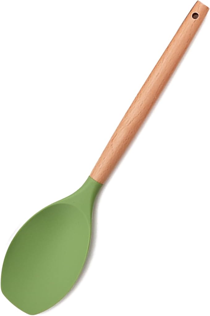 1pcs Avocado Green Silicone Cooking Utensils with Wooden Handle Heat Resistant Silicone Spoon Spatula Set for Nonstick Cookware