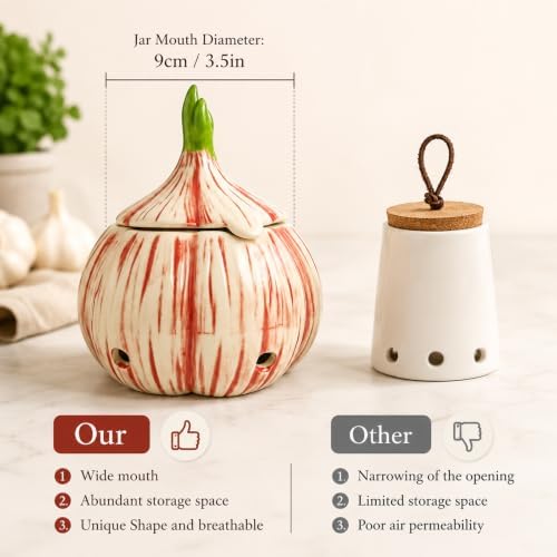 Yohsnor Large Ceramic Garlic Keeper with Lid, Unique Garlic Shape Container