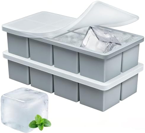 Large Ice Cube Molds, 2 Pack Easy Release Ice Trays for Freezer with Lid, Stackable Square Big Silicone Ice Cube Tray BPA Free Slow Melting for Bourbon Whiskey, Cocktails, Iced Coffee (Grey)