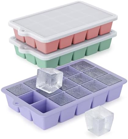 Silicone Ice Cube Tray 3 Pack - EASY RELEASE ice cube tray with lid, BPA Free Ice Cubes Trays for Freezer,ice cube mold for Cocktail,Whiskey (Purple +Pink+Mint)