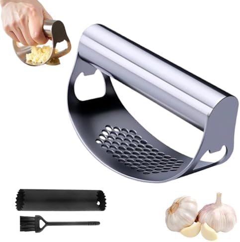 Stainless Steel Garlic Press Rocker, 2026 New Heavy Duty Ergonomic Garlic Crusher Tool with Peeler and Brush for Smash Garlic Built-in Bottle Opener Kitchen Gadget (1set)