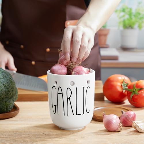 Ceramic Garlic Keeper for Counter, Large Garlic Holder with Acacia Wood Lid, Farmhouse Garlic Storage Container, Garlic Saver for Kitchen, White