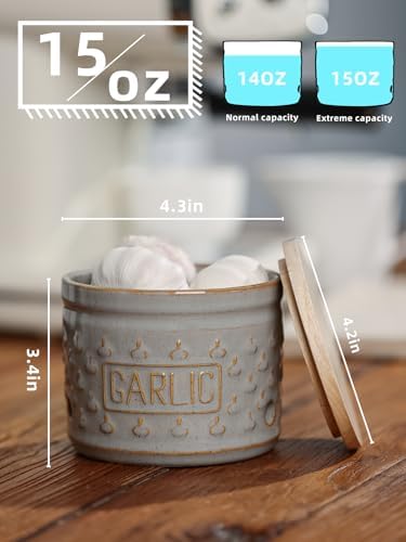 Ceramic Garlic Keeper with Lid, Garlic Holder 4.3-Inch (Vintage Grey)