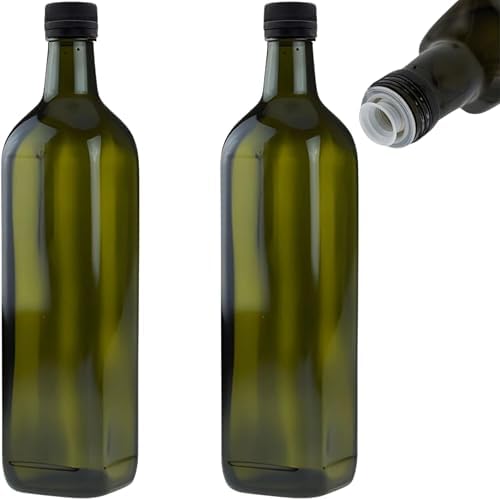 2x Oil Bottle 750 ml with Spout Green/Brown Oil Dispenser Glass Bottles with Dispenser and Labels