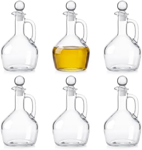 Suclain 6 Sets 14oz Glass Oil and Vinegar Cruet Set Round Oil Dispenser Olive Bottle with Airtight Stopper Salad Dressing Bottle Glass Condiment Container for Kitchen Homemade Olive Condiment(Clear)