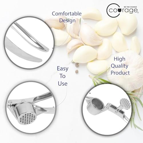 Courage Premium Stainless Steel Garlic Press Crusher | Heavy Duty Garlic Mincer & Ginger Crusher | Ergonomic Manual Garlic Presser | Rustproof Easy Clean Kitchen Tool for Garlic & Ginger.