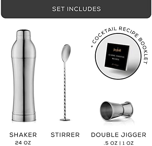 JoyJolt 3pc Slim Cocktail Shaker Set. 24 oz Margarita Martini Shaker Drink Mixer & Cocktail Strainer Lid, Double Jigger, Long Bar Spoon. Mixology Bartender Kit Shakers, Bar Tools for Home Bartending