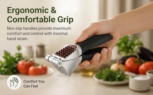 HOMFTY Garlic Press Set – Heavy Duty Stainless Steel Garlic Mincer & Crusher with Silicone Peeler, Ginger Press & Cleaning Brush – Large Chamber, Ergonomic Non-Slip Handle, No Peeling Needed