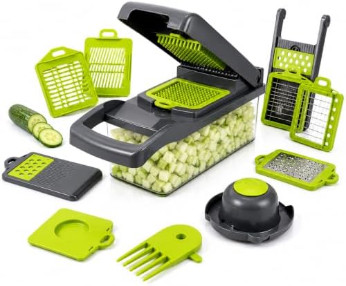 15-in-1 Vegetable Chopper and Mandoline Slicer, Onion Dicer with 8 Interchangeable Stainless Steel Blades, Food Container, Drain Basket, Safety Holder and Cleaning Tool for Fruits and Vegetables