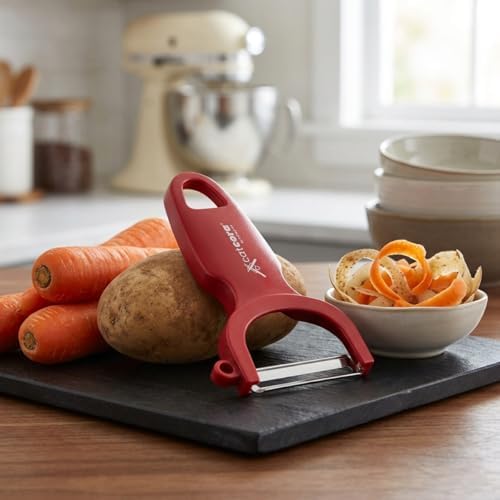 CatCora Swiss-Style Peeler, Professional German Tempered Stainless Steel Blade For Peeling Fruits and Vegetables and Garnishing, Ergonomic Contoured Handle, Red