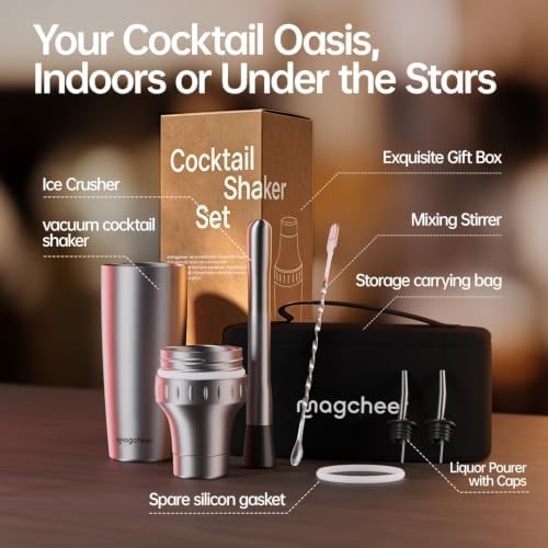 Hybrid Cocktail Shaker Set | Vacuum Insulated Stainless Steel Martini Shaker with Strainer & Jigger Lid | Travel cocktail kit with Bartender Accessory Tools | 30oz | Silver