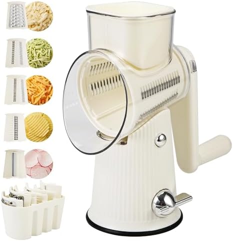 Rotary Cheese Grater with Handle: 5 in 1 Cheese Grater Hand Crank Cheese Shredder with Strong Suction Base Kitchen Vegetable Slicer with 5 Interchangeable Blades, Storage Box, White