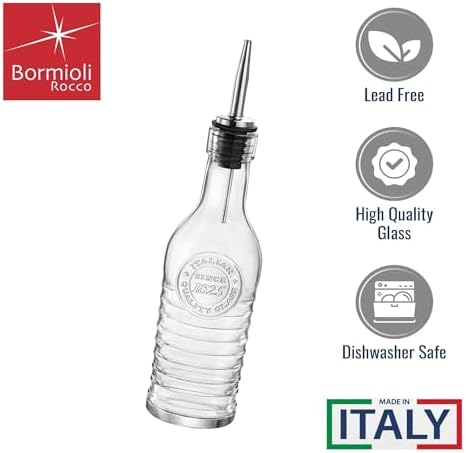 BORMIOLI ROCCO Officina 1825 Olive Oil/Vinegar Glass Bottles Stainless Steel Pouring Spout 268 ml (Pack of 2)