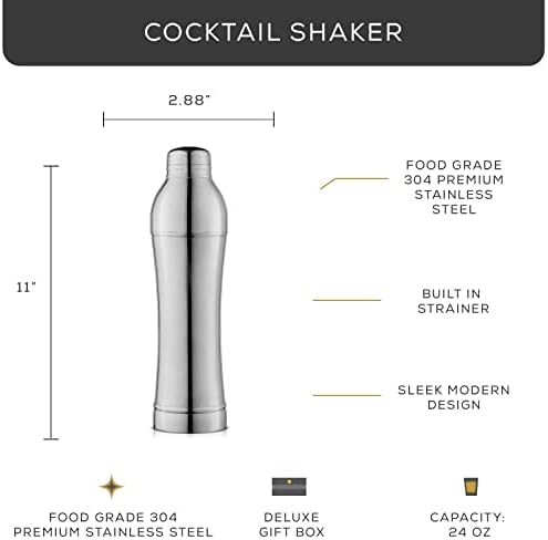 JoyJolt 3pc Slim Cocktail Shaker Set. 24 oz Margarita Martini Shaker Drink Mixer & Cocktail Strainer Lid, Double Jigger, Long Bar Spoon. Mixology Bartender Kit Shakers, Bar Tools for Home Bartending