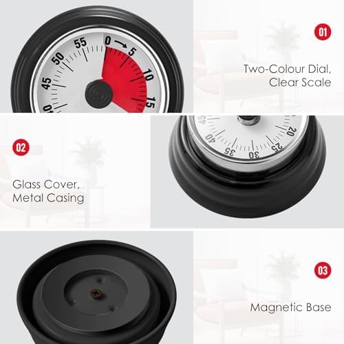 Visual Timer, Teeloray 60-Minute Countdown Timer with Magnetic Base (Black)