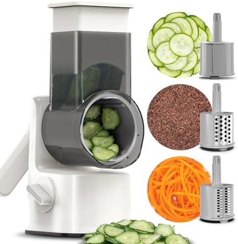 Safe Vegetable Mandoline Slicer Large Multifunctional Rotary Cheese Grater Hand Crank Easy Rotating Veggie Shredder Anti-Cutting, 3 Interchangeable Blades (WhiteGrey)