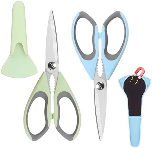 2 Pack Heavy Duty Scissors Kitchen Shears with Magnetic Holder,Dishwasher Safe Stainless Steel Meat Cooking Shears,Multifunctional All Purpose Sharp Scissors Set for Food,Meat,BBQ,Pizza(Blue,Green)