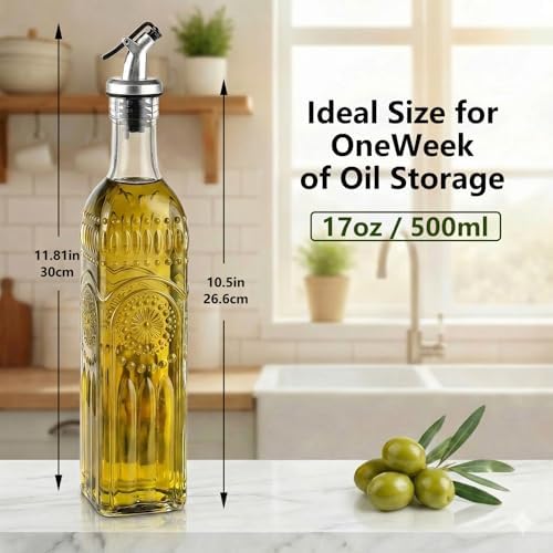 WERTIOO Relief Olive Oil Dispenser Bottle 4 Pack, 17oz Glass Oil Dispenser
