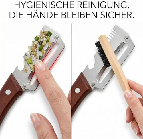 3-in-1 Peeler with Wooden Handle, Stainless Steel Blade, Multifunctional Vegetable Peeler, Julienne Slicer and Bottle Opener, Cleaning Brush