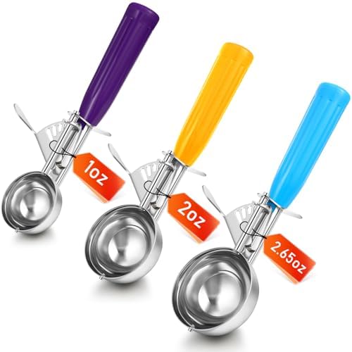 Reallnaive 3 Pcs Ice Cream Scooper with Trigger, 1+2+2.65 oz, 3 Colors