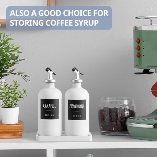 Olive Oil Dispenser Bottle for Kitchen, 16oz Glass Oil and Vinegar Dispenser Set with Wood Tray & 54 Labels - White Cooking Oil Bottles for Kitchen - Coffee Syrup Dispenser - Set of 2