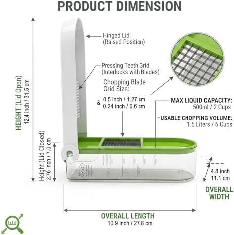 Vegetable Chopper - Manual Veggie Dicer and Food Cutter with 2 Stainless Steel Blades, 2-Cup Storage Container, Cleaning Tool - Onion Slicer, Fruit Salad Maker, Dishwasher Safe