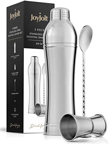 JoyJolt 3pc Slim Cocktail Shaker Set. 24 oz Margarita Martini Shaker Drink Mixer & Cocktail Strainer Lid, Double Jigger, Long Bar Spoon. Mixology Bartender Kit Shakers, Bar Tools for Home Bartending
