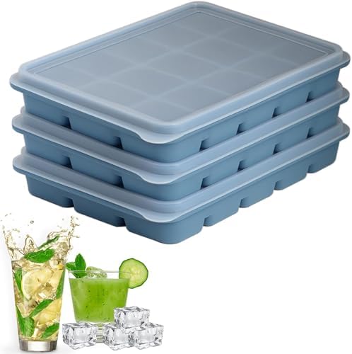 Silicone Ice Cube Trays with Removable Lid, Blue, Set of 3