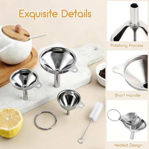 Small Funnels for Filling Bottles, 3 Pcs Stainless Steel Kitchen Funnel Set, Food Grade Mini Metal Funnel for Transferring Oil Liquid, Easy Cleaning with a Brush (Short Handle)