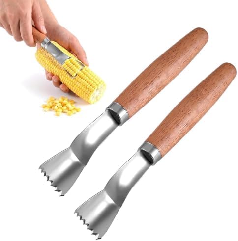 2Pcs Corn Cob Peeler, 2026 Upgraded Corn on the Cob Remover, Corn Peeler for Corn on the Cob, Stainless Steel Corn Stripper Tool, Wooden Handle for Hand Grip, Compact Design