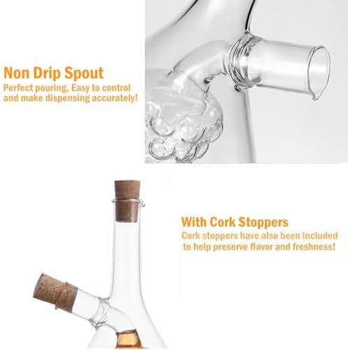 Oil and Vinegar Dispenser, 2 in 1 Glass Olive Oil and Vinegar Cruet Dispenser Bottle, Kitchen Olive Soy Sauce Dispenser Double Pourer Spout for Kitchen Cooking Container