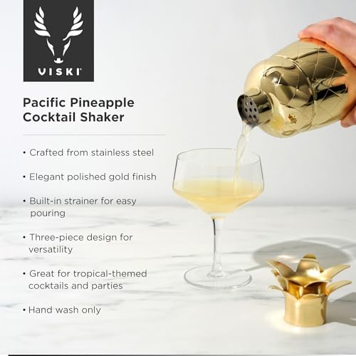 Viski Pacific Pineapple Cocktail Shaker – Tropical Themed Cocktail Shaker for Tiki Drinks – Stainless Steel with Gold Finish, 3-Piece Shaker with Built-In Strainer and Pineapple Leaf Cap - Set of 1