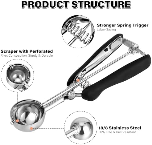 Cookie Scoop 2 Tbsp for Baking, Professional Stainless Steel Ice Cream Scoop 44mm, Melon Baller Muffin Scoop, Good Soft Grips, Quick Trigger Release, 30ml (2 Tablespoon)