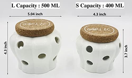 Large Garlic Keeper Vented Ceramic Storage Container. White Stoneware with Nature Cork Lid - L Size