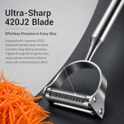 2-in-1 Julienne Peeler, Stainless Steel Multi-Functional Vegetable Peeler, Sharp Blade Cabbage Peeler Carrot Peeler with Non-Slip Extended Handle, Food Grade Kitchen Peeler for Fruit Vegetable Prep