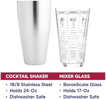 HIC Kitchen Bar Boston Cocktail Shaker and Mixer Glass Set with 7 Printed Recipes, 18/8 Stainless Steel and Borosilicate Glass