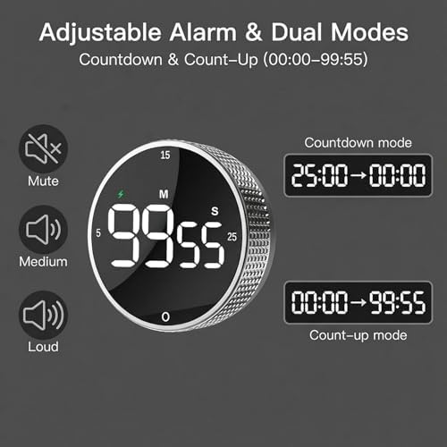Rechargeable Magnetic Kitchen Timer with Rotary Dial, LED Display