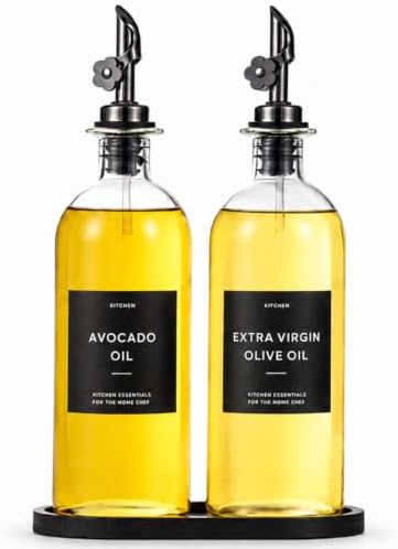 Olive Oil Dispenser for Kitchen, 2-Pack 16oz Glass Bottle with Labels