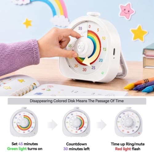 Visual Timer for Kids, Rechargeable Rainbow 60-Min/12-Hour Countdown, White