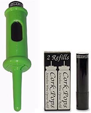Cork Pops Original Wine Bottle Opener, 6.5 Inch – Made in USA, Effortless Push-Button Cork Removal, Includes Cartridge (Opens Up to 60 Bottles) (Green, 3 Cartridges)