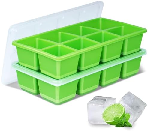 Large Ice Cube Trays 2 Pack, Silicone Easy-Release and Flexible Ice Cube Molds with Lids,1.8" Big Square Cubed Ice Trays for Whiskey and Cocktail, BPA Free and Dishwasher Safe (Green)