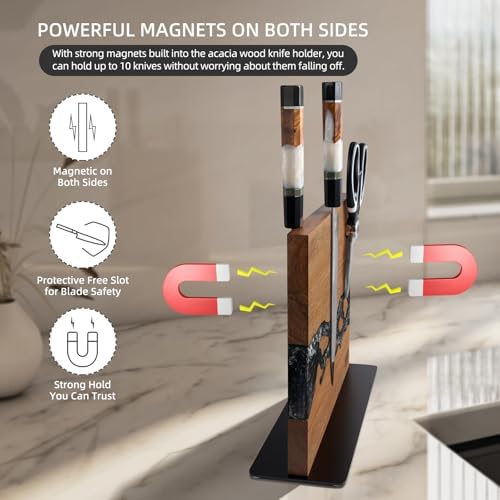 FINDKING Magnetic Knife Block, Double-Sided Knife Holder with Strong Magnets, Acacia Wood and Black White Resin, Countertop Kitchen Knife Storage Stand (12 × 10 Inches, Without Knives)