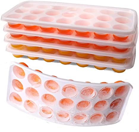 Ice Cube Trays with Lids BPA Free, 4Pack Easy Release Silicone Ice Cube Trays for Freezer 84 Sphere Ice Tray with Stackable No Spill Covers, Dishwasher Safe,Orange&Yellow