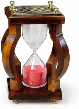 Vintage Wooden Hourglass Sand Timer with Red Sand and Brass Chessboard Top Solid Wood Frame & Brass Accents – Elegant Desk Decor for Home Office Study Living Room 6.5 inches (Design 3)