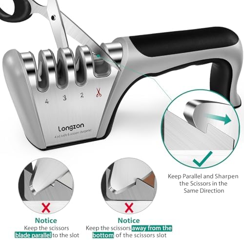 Longzon 5-in-1 Knife Sharpener 4 Stage with Cut-Resistant Glove, Quickly Sharpens & Restores Dull Blades, Easy & Safe for Home Manual Kitchen Use, Fits Most Knives and Scissors, Black+Silver