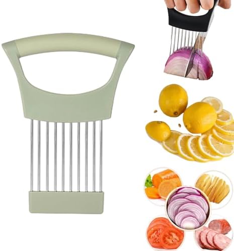 Upgraded Stainless Steel Lemon Slicer Onion Cutter, Onion Holder for Slicing, Vegetable Cutter Kitchen Chopper Slicing Assistant Tool for Potato and Tomato Avocados Eggs Meat (1, Green)