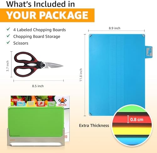 Cutting Board Set 12"L x 9"W: 4-Piece Color-Coded, Non-Slip, BPA-Free, Perfect kitchen essentials for new home, Dishwasher Safe with Premium Scissors & Chopping Board Organizer, Quality kitchen stuff.